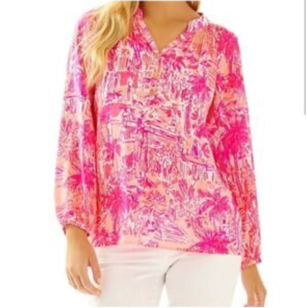 Lilly Pulitzer Elsa Silk Top Pink Blouse Cheeky Melon Rule Breakers EUC - XS